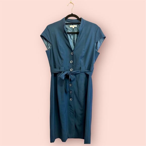 Sandra Darren Retro Fit Belted Button Down Shirt Dress Blue Sapphire 12 - Picture 1 of 7